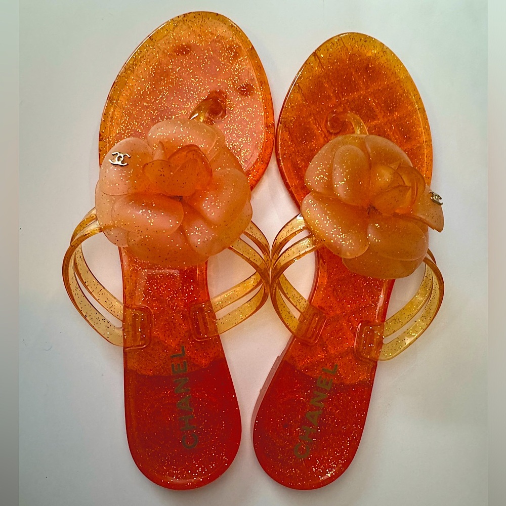 CHANEL CC Jelly Camellia Glitter Thong Sandals Size 36